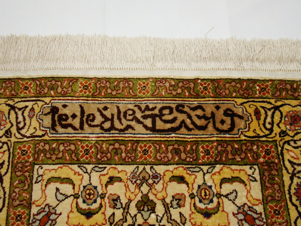 Second Signature Detail – Antique Turkish Hereke Silk Wall Carpet, Rare Multi-Signed with Arabic Writing | Kingdom of Antique Arts