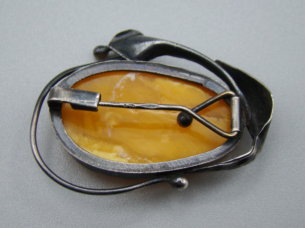 Antique Baltic Natural Amber Sterling Silver Brooch - Kingdom of Antique Arts