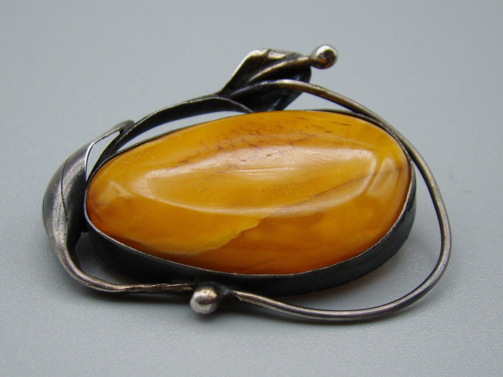Antique Baltic Natural Amber Sterling Silver Brooch - Kingdom of Antique Arts