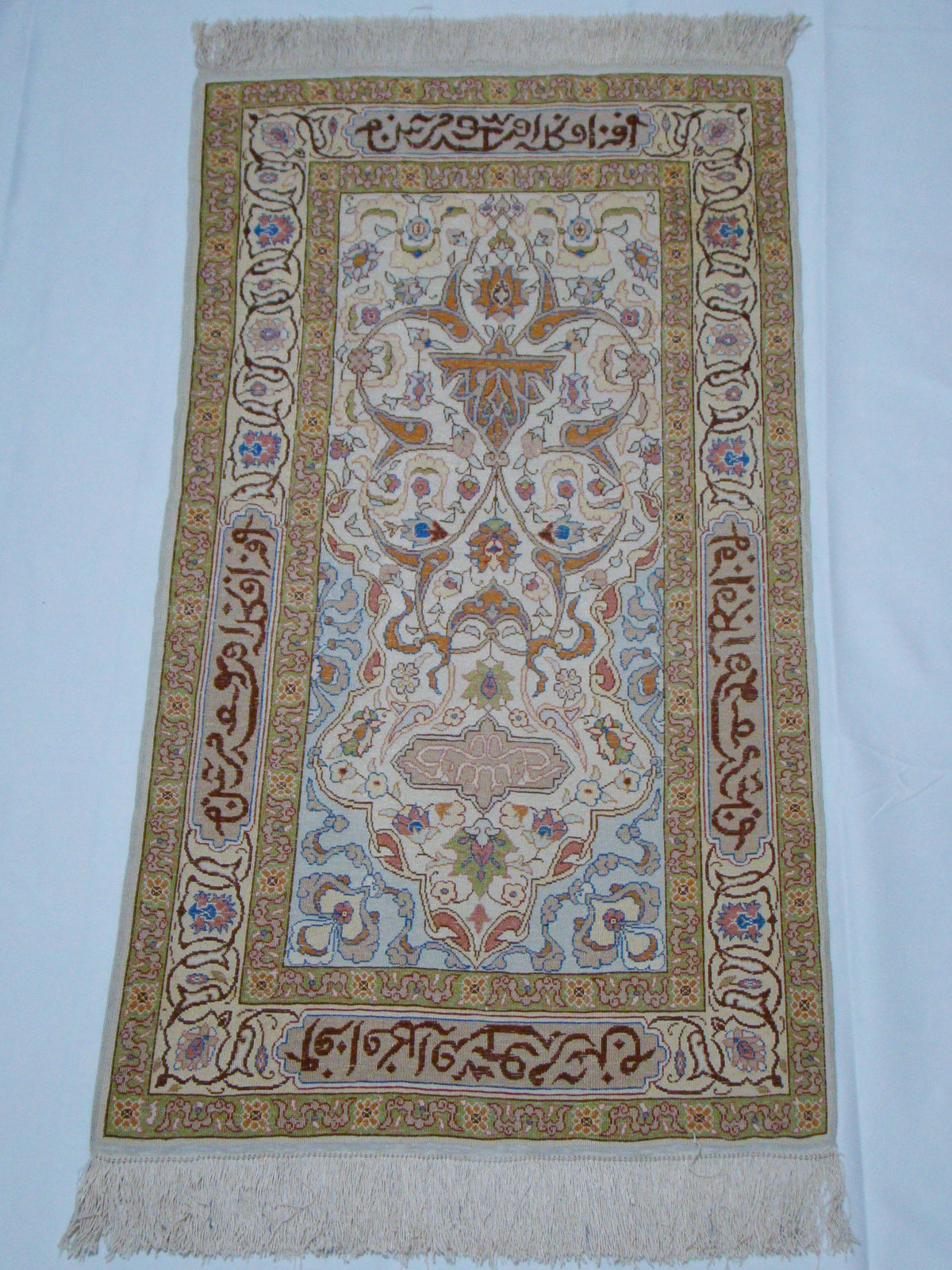 Full View – Antique Turkish Hereke Silk Wall Carpet, 118×58 cm with Tassels, Museum Quality | Kingdom of Antique Arts