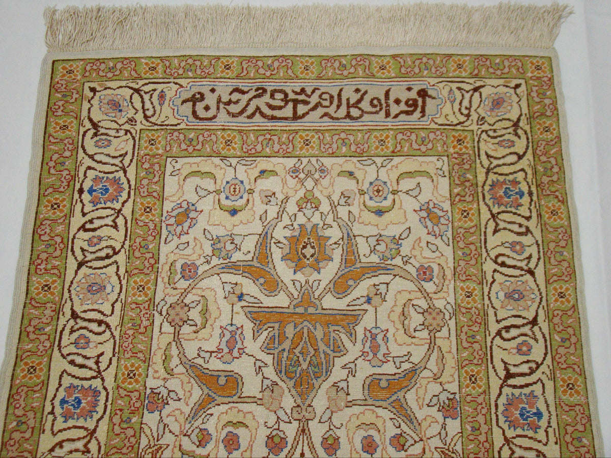 Tassels Detail – Antique Turkish Hereke Silk Wall Carpet, Perfect Antique Condition, No Damage | Kingdom of Antique Arts