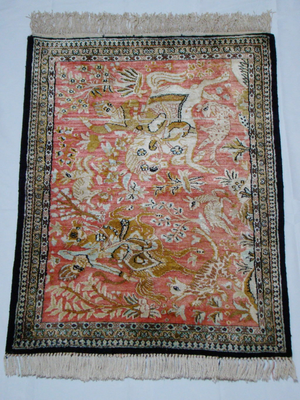 Antique Persian Qom Silk Wall Carpet – Warrior Battle Scene, Silk on Cotton, Multicolor | Kingdom of Antique Arts