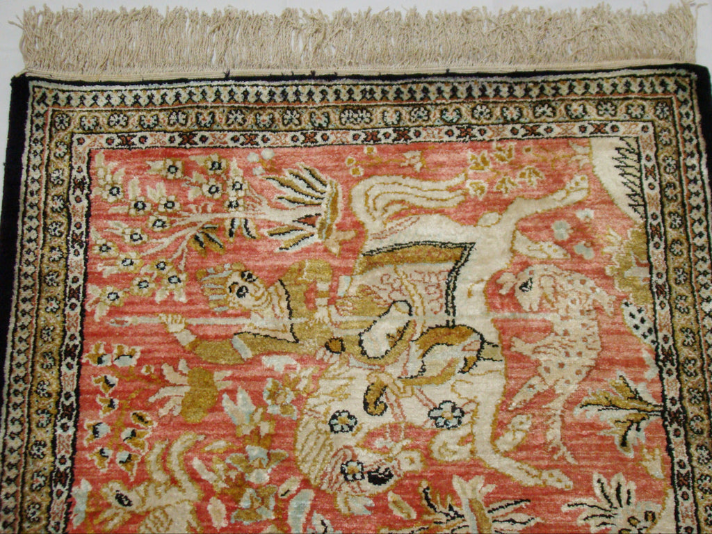 Antique Persian Qom Silk Carpet – Rare Warrior Battle Scene, Hand-Knotted Wall Tapestry | Kingdom of Antique Arts