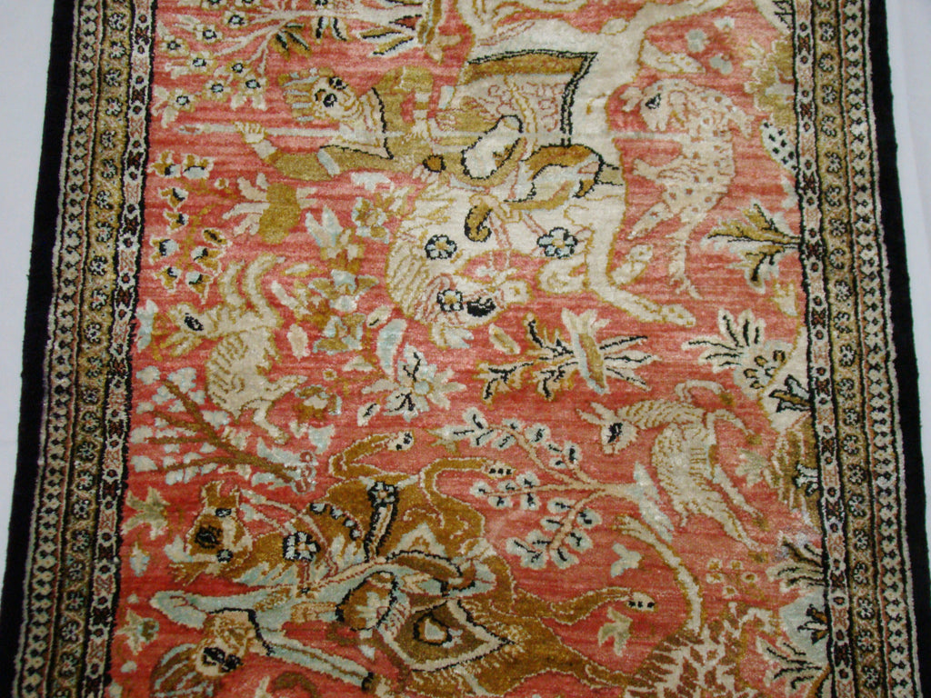 Full View – Antique Persian Qom Silk Wall Carpet, Warrior Battle Scene, 83×60 cm | Kingdom of Antique Arts