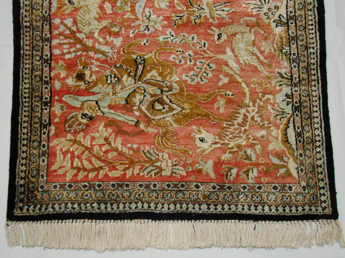 Battle Scene Detail – Antique Persian Qom Silk Wall Carpet, Dramatic Warrior Motif, Rich Multicolor | Kingdom of Antique Arts