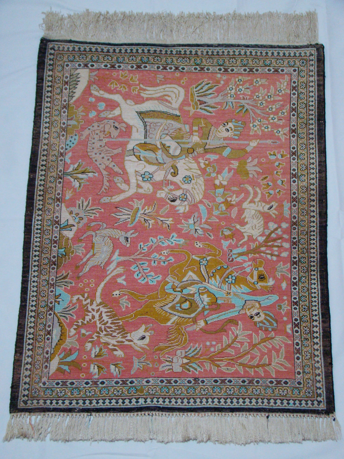 Tassels Detail – Antique Persian Qom Silk Wall Carpet, 94×60 cm with Tassels, Perfect Condition | Kingdom of Antique Arts