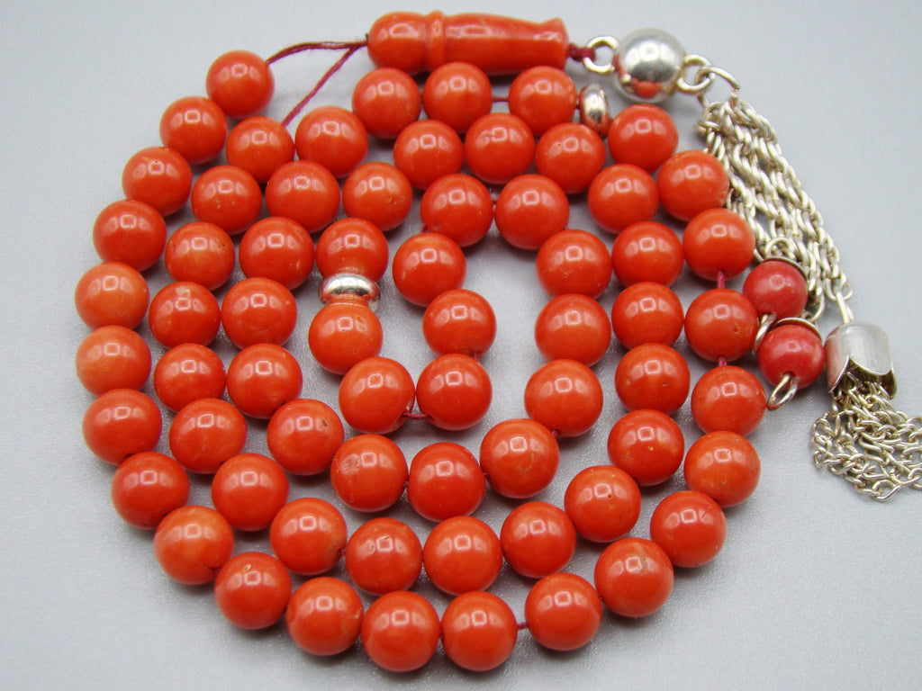 antique coral, natural coral, undyed coral, dark red coral, blood red coral, Italian coral, pacific coral, Sardinian Coral, Coral beads, Coral Rosary beads, Coral chain, Coral necklace, sea coral, aka coral, silver 800 clasp