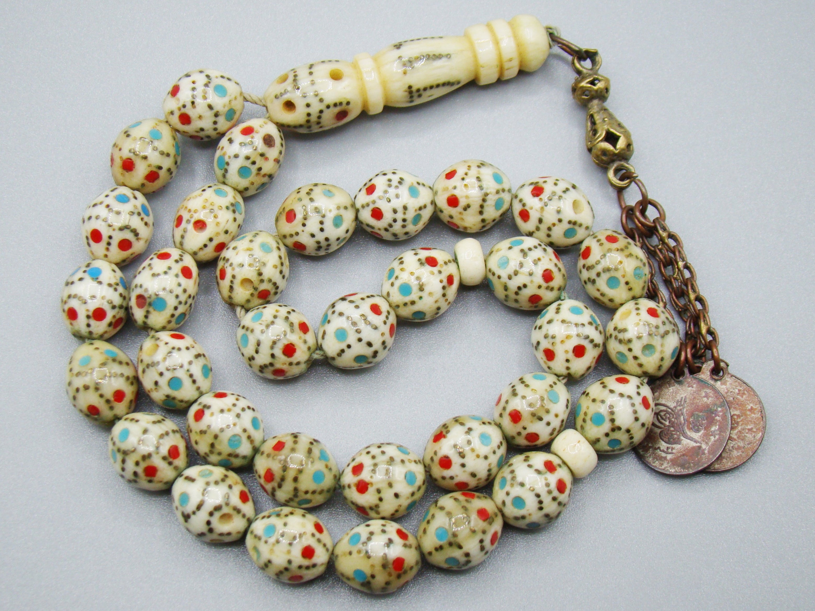 Antique Ivory, Natural Ivory, Mediterranean Ivory, handcarved Ivory, Asien Ivory, Elephant Ivory, Ivory Chain, Ivory necklace, Ivory Rosary, Rosary beads, مسبحة, Masbaha, Muslim prayer beads, Sterling Silver