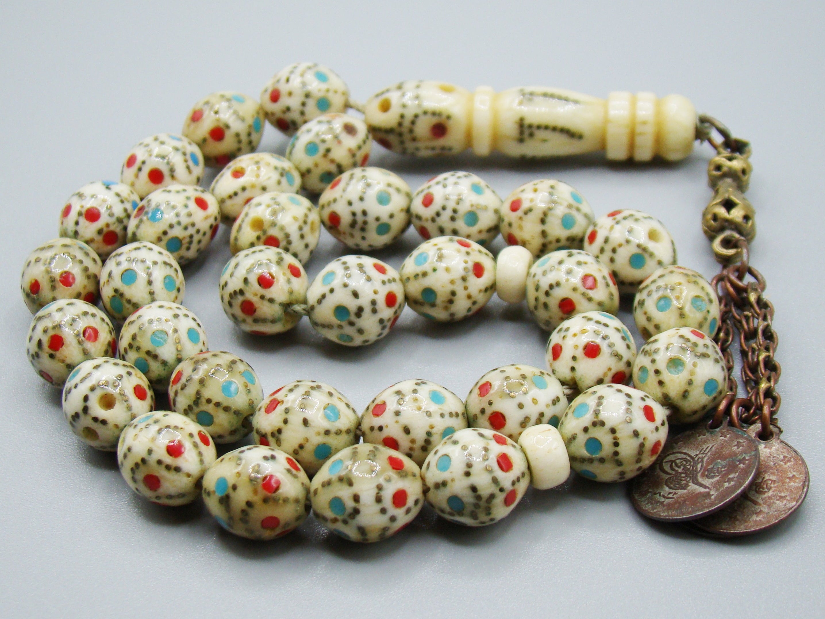 Antique Ivory, Natural Ivory, Mediterranean Ivory, handcarved Ivory, Asien Ivory, Elephant Ivory, Ivory Chain, Ivory necklace, Ivory Rosary, Rosary beads, مسبحة, Masbaha, Muslim prayer beads, Sterling Silver