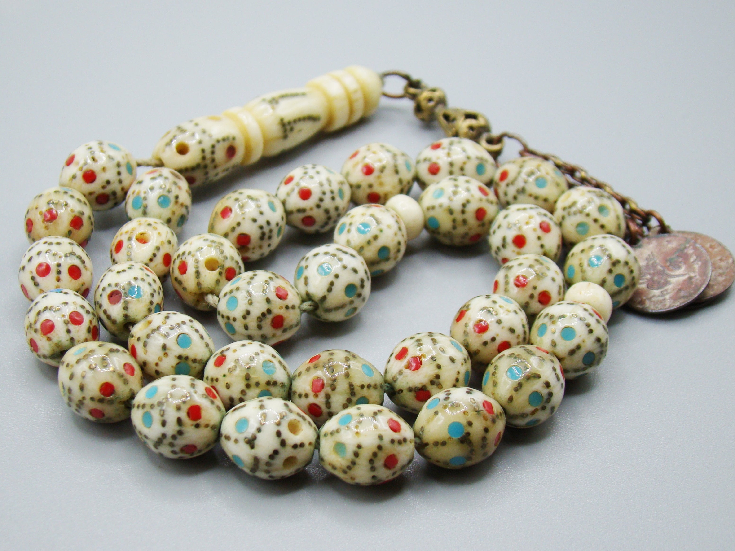 Antique Ivory, Natural Ivory, Mediterranean Ivory, handcarved Ivory, Asien Ivory, Elephant Ivory, Ivory Chain, Ivory necklace, Ivory Rosary, Rosary beads, مسبحة, Masbaha, Muslim prayer beads, Sterling Silver