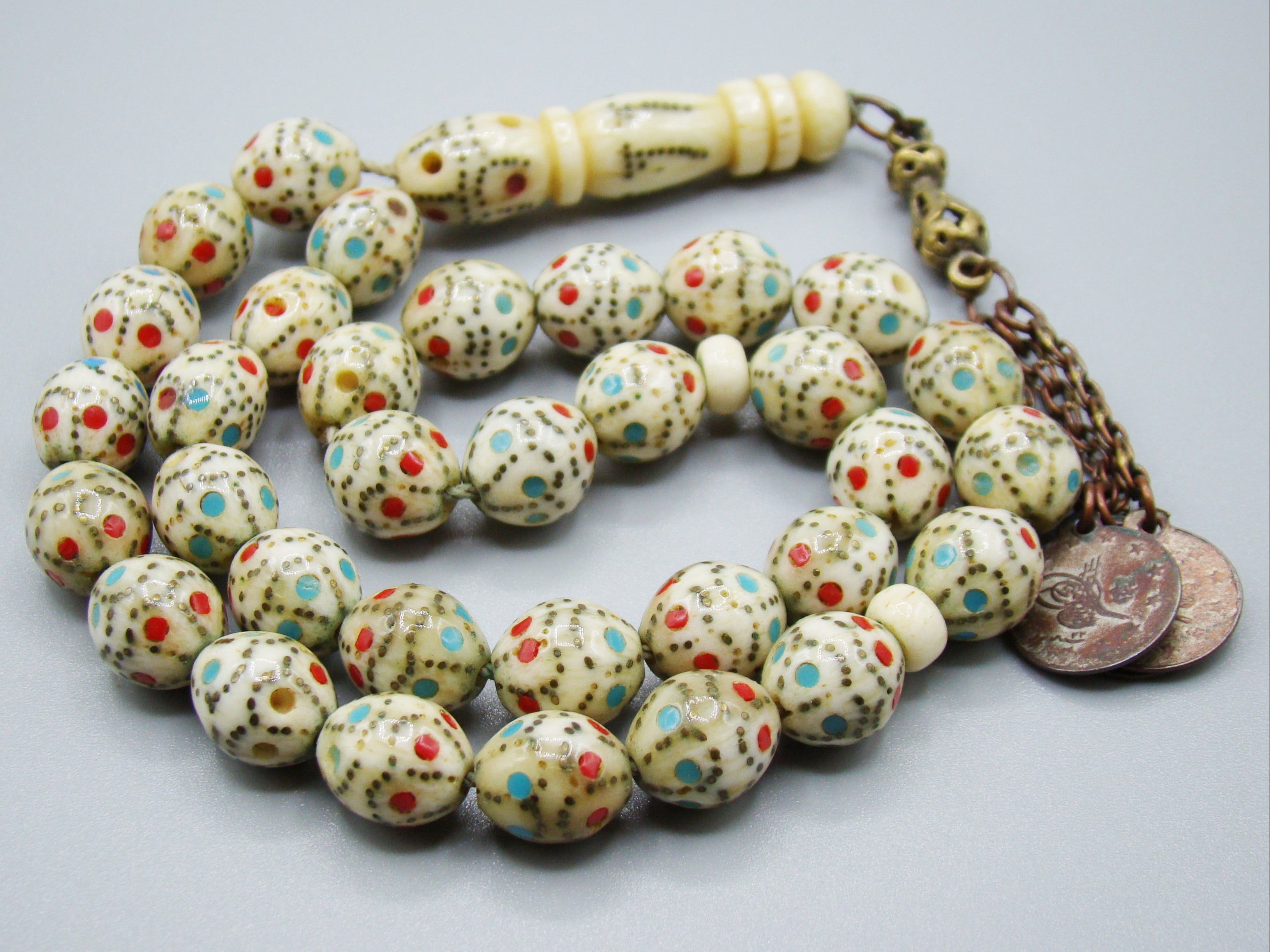 Antique Ivory, Natural Ivory, Mediterranean Ivory, handcarved Ivory, Asien Ivory, Elephant Ivory, Ivory Chain, Ivory necklace, Ivory Rosary, Rosary beads, مسبحة, Masbaha, Muslim prayer beads, Sterling Silver