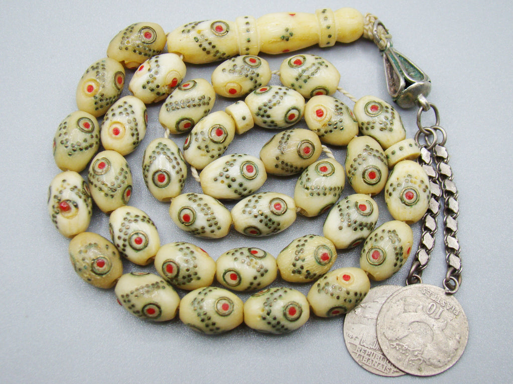 Antique Ivory, Natural Ivory, Mediterranean Ivory, handcarved Ivory, Asien Ivory, Elephant Ivory, Ivory Chain, Ivory necklace, Ivory Rosary, Rosary beads, مسبحة, Masbaha, Muslim prayer beads, Sterling Silver