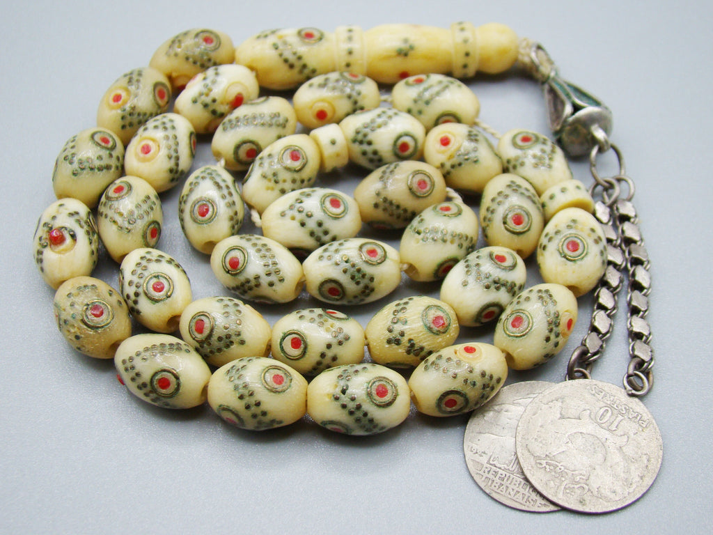 Antique Ivory, Natural Ivory, Mediterranean Ivory, handcarved Ivory, Asien Ivory, Elephant Ivory, Ivory Chain, Ivory necklace, Ivory Rosary, Rosary beads, مسبحة, Masbaha, Muslim prayer beads, Sterling Silver