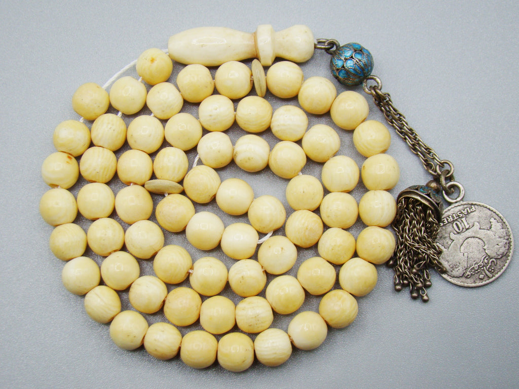 Antique Ivory, Natural Ivory, Mediterranean Ivory, handcarved Ivory, Asien Ivory, Elephant Ivory, Ivory Chain, Ivory necklace, Ivory Rosary, Rosary beads, مسبحة, Masbaha, Muslim prayer beads, Sterling Silver