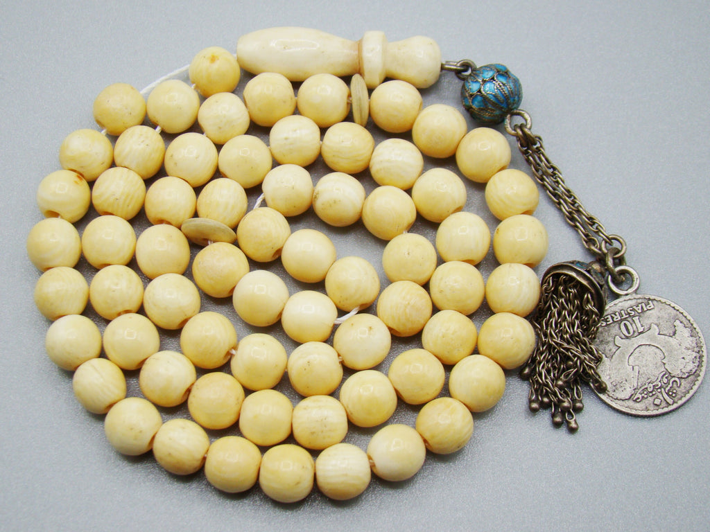 Antique Ivory, Natural Ivory, Mediterranean Ivory, handcarved Ivory, Asien Ivory, Elephant Ivory, Ivory Chain, Ivory necklace, Ivory Rosary, Rosary beads, مسبحة, Masbaha, Muslim prayer beads, Sterling Silver