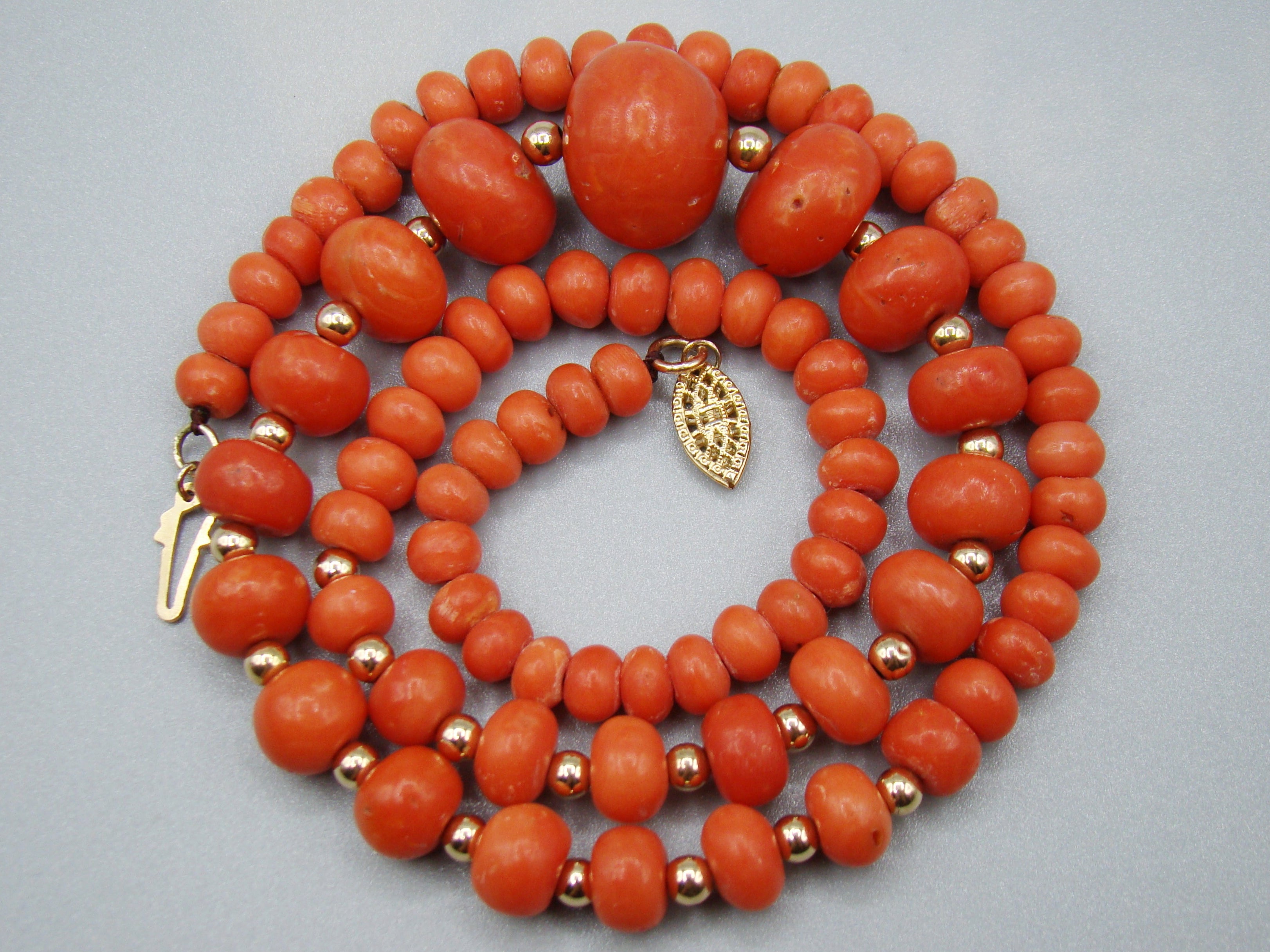 antique coral, natural coral, undyed coral, dark red coral, blood red coral, Italian coral, pacific coral, Sardinian Coral, red coral, sea coral, Mediterranean necklace, Mediterranean coral, Mediterranean chain, coral beads, handcarved, aka red, handcarved, 14 karat gold, 18 Karat Gold, 9 karat Gold