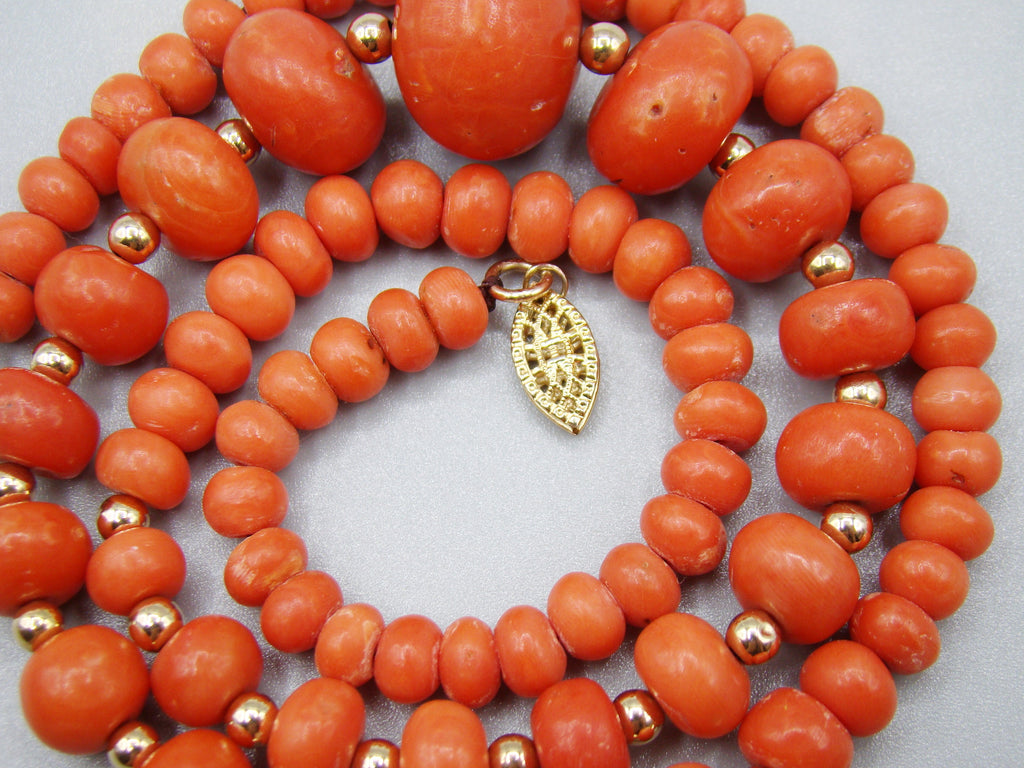 antique coral, natural coral, undyed coral, dark red coral, blood red coral, Italian coral, pacific coral, Sardinian Coral, red coral, sea coral, Mediterranean necklace, Mediterranean coral, Mediterranean chain, coral beads, handcarved, aka red, handcarved, 14 karat gold, 18 Karat Gold, 9 karat Gold