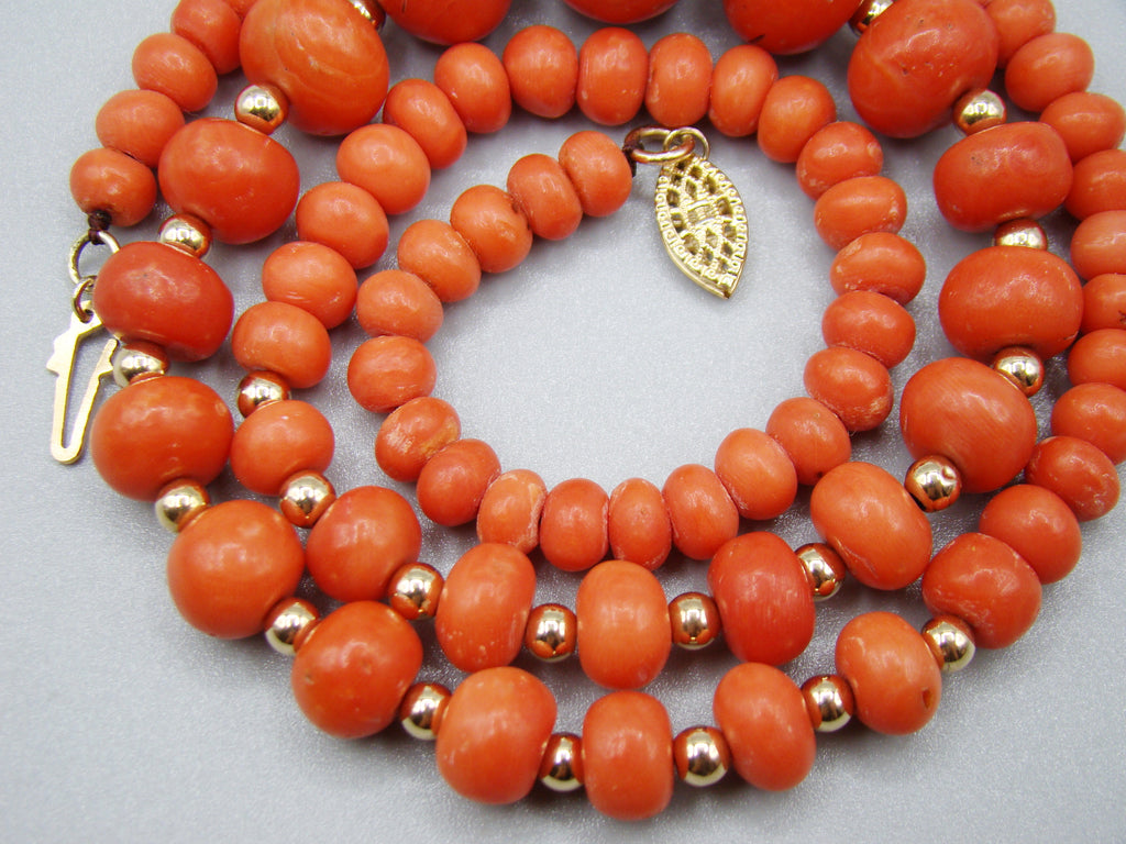 antique coral, natural coral, undyed coral, dark red coral, blood red coral, Italian coral, pacific coral, Sardinian Coral, red coral, sea coral, Mediterranean necklace, Mediterranean coral, Mediterranean chain, coral beads, handcarved, aka red, handcarved, 14 karat gold, 18 Karat Gold, 9 karat Gold