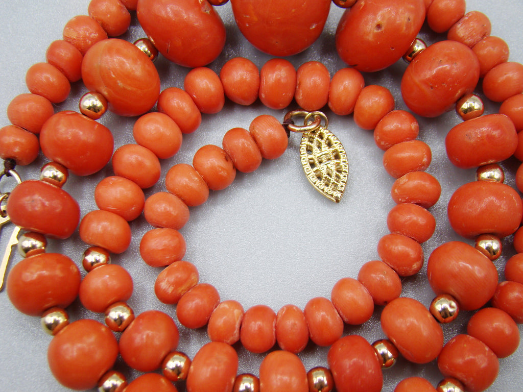 antique coral, natural coral, undyed coral, dark red coral, blood red coral, Italian coral, pacific coral, Sardinian Coral, red coral, sea coral, Mediterranean necklace, Mediterranean coral, Mediterranean chain, coral beads, handcarved, aka red, handcarved, 14 karat gold, 18 Karat Gold, 9 karat Gold