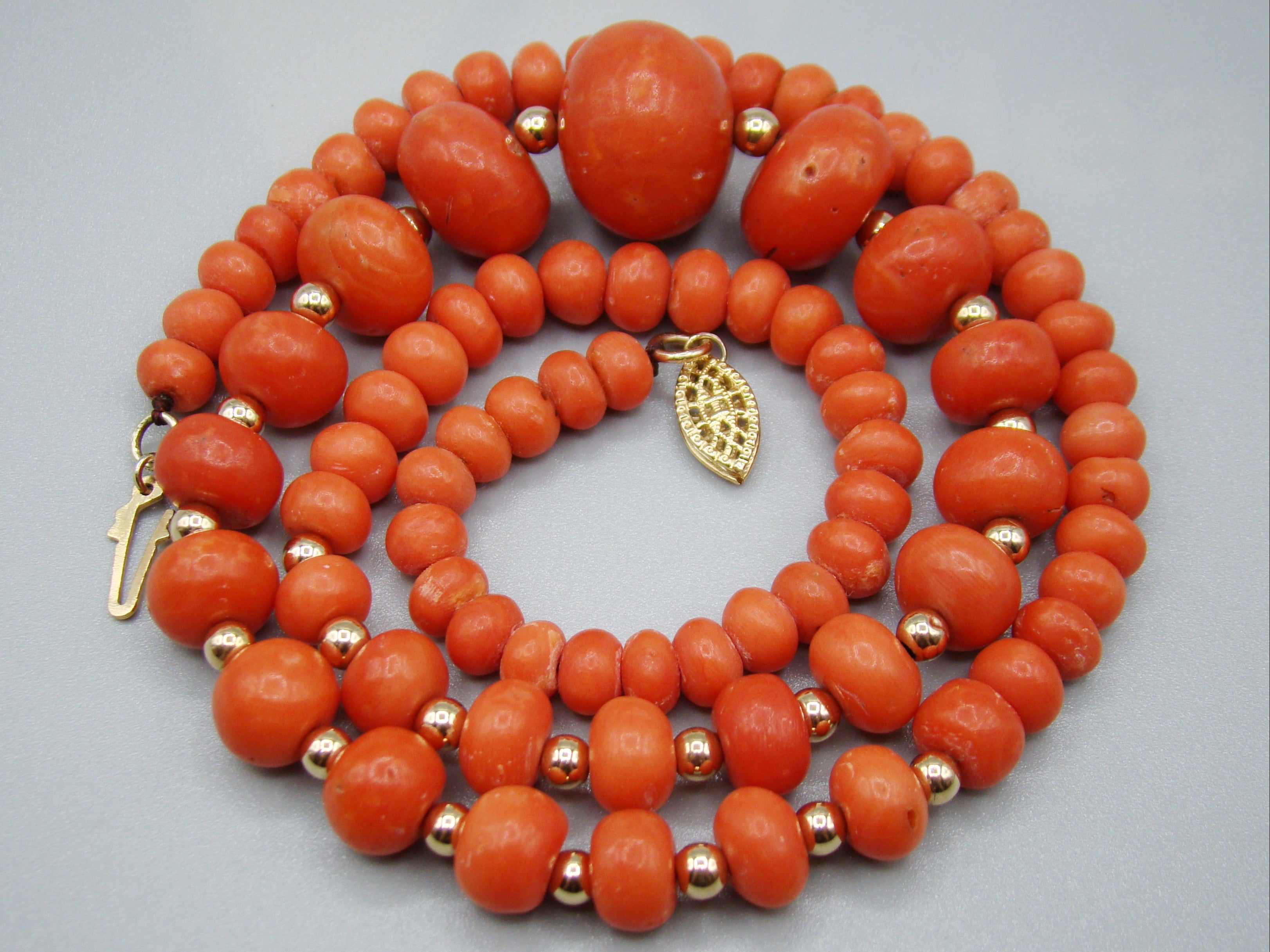 antique coral, natural coral, undyed coral, dark red coral, blood red coral, Italian coral, pacific coral, Sardinian Coral, red coral, sea coral, Mediterranean necklace, Mediterranean coral, Mediterranean chain, coral beads, handcarved, aka red, handcarved, 14 karat gold, 18 Karat Gold, 9 karat Gold