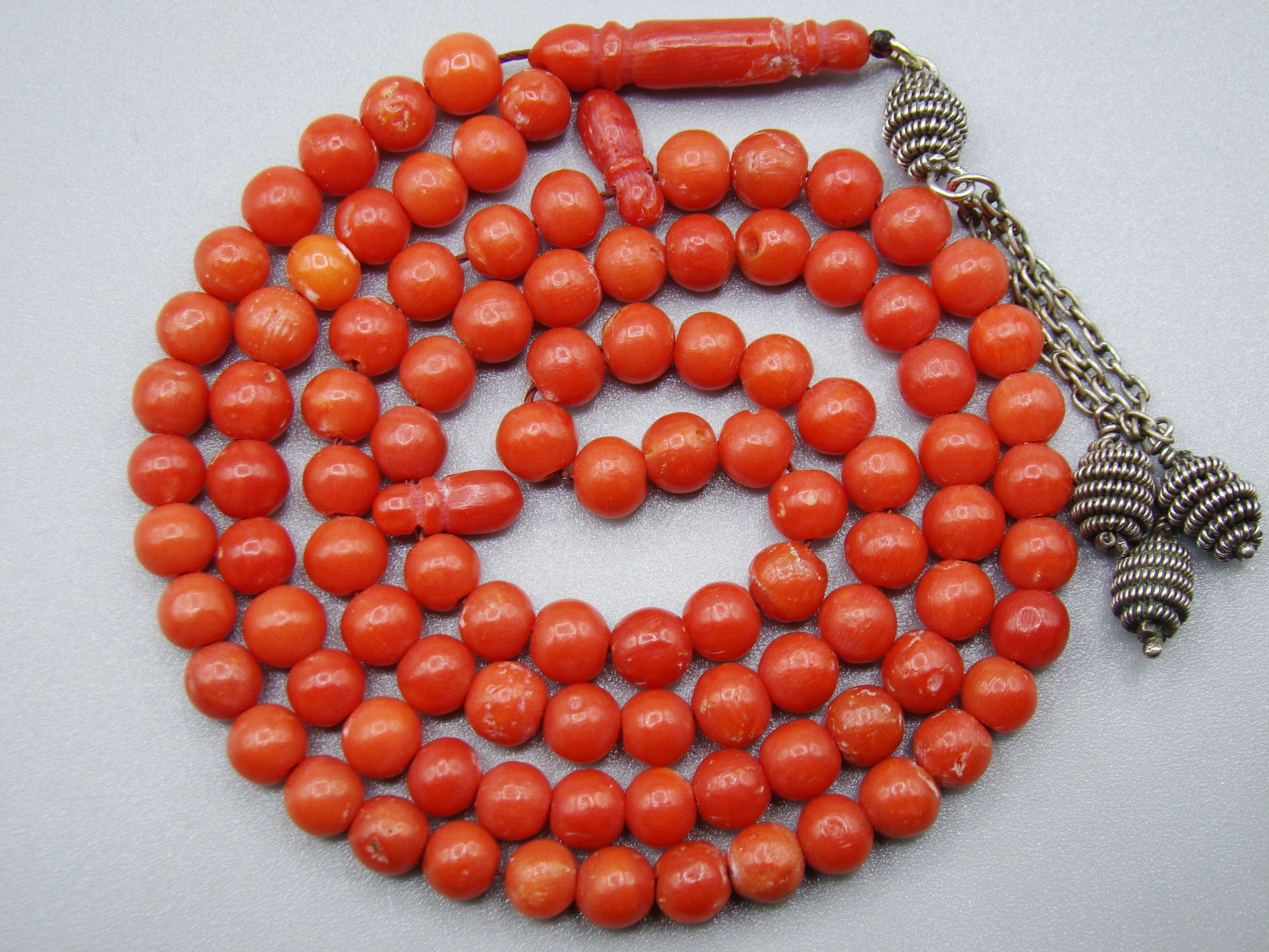 antique coral, natural coral, undyed coral, dark red coral, blood red coral, Italian coral, pacific coral, Sardinian Coral, Coral beads, Coral Rosary beads, coral chain, coral necklace, Rosary beads, coral Rosary, sea coral, aka coral, مسبحة, Sterling Silver Tassel