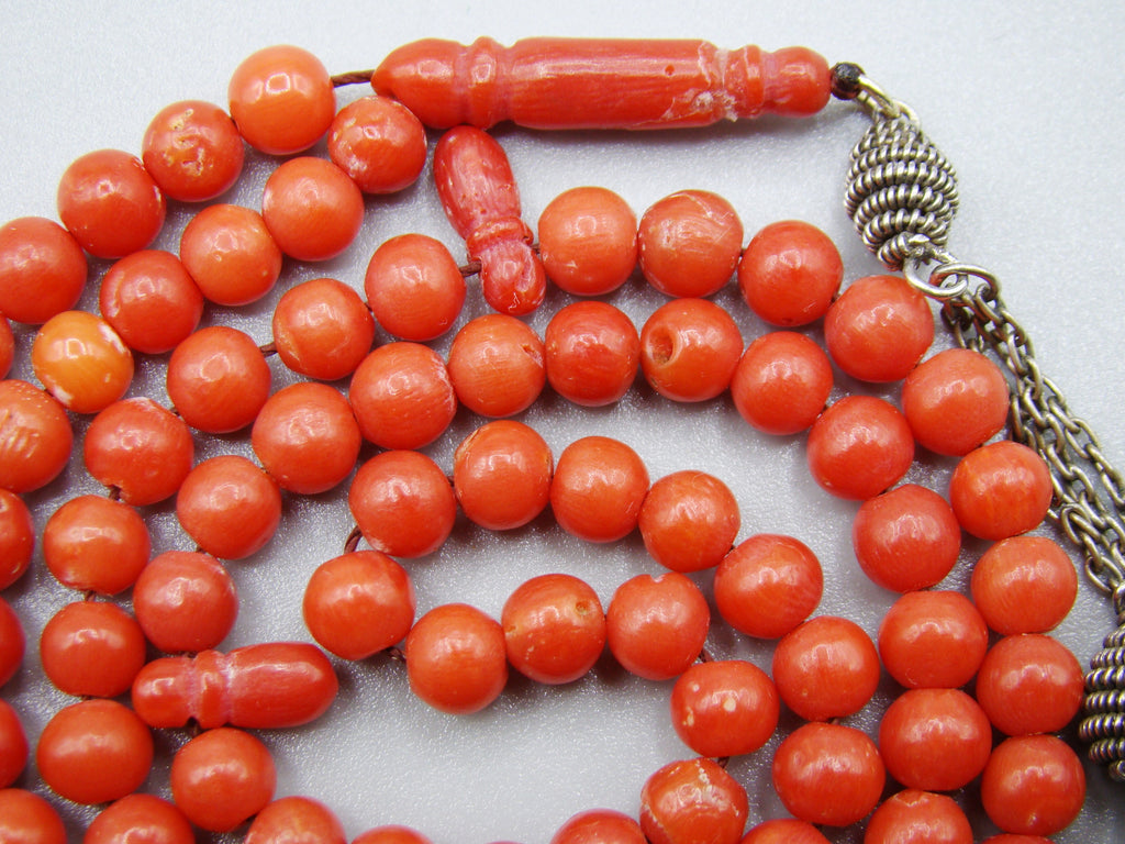 antique coral, natural coral, undyed coral, dark red coral, blood red coral, Italian coral, pacific coral, Sardinian Coral, Coral beads, Coral Rosary beads, coral chain, coral necklace, Rosary beads, coral Rosary, sea coral, aka coral, مسبحة, Sterling Silver Tassel