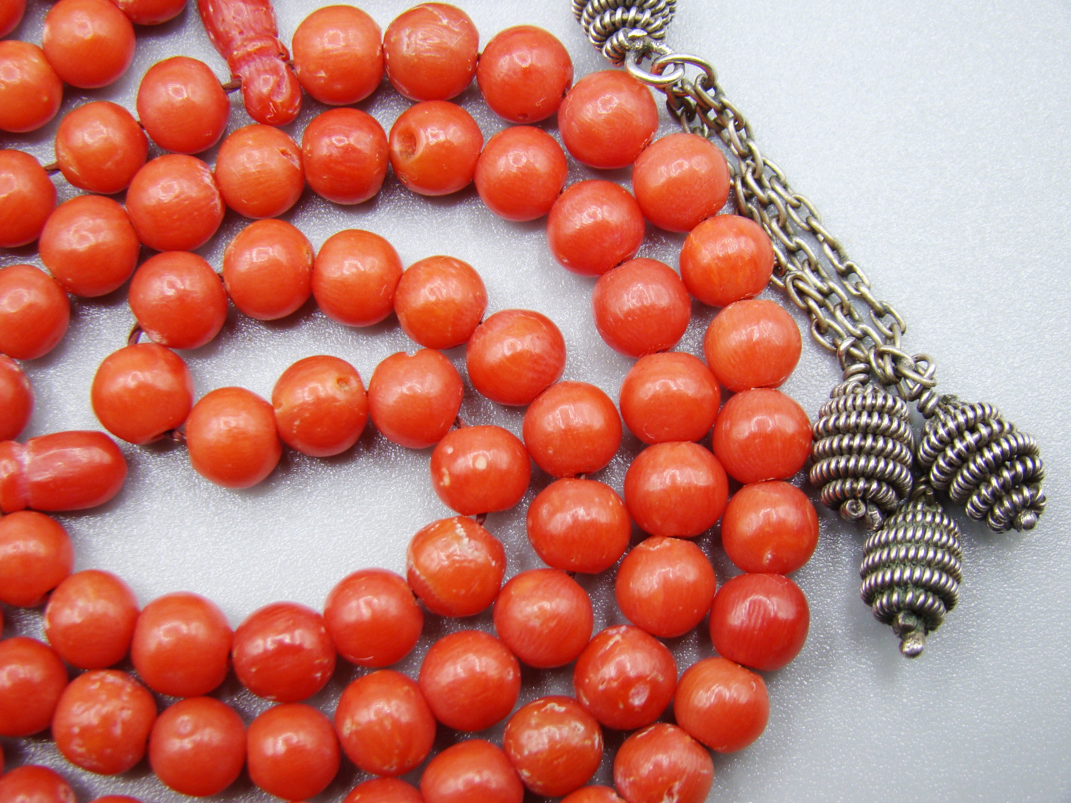 antique coral, natural coral, undyed coral, dark red coral, blood red coral, Italian coral, pacific coral, Sardinian Coral, Coral beads, Coral Rosary beads, coral chain, coral necklace, Rosary beads, coral Rosary, sea coral, aka coral, مسبحة, Sterling Silver Tassel