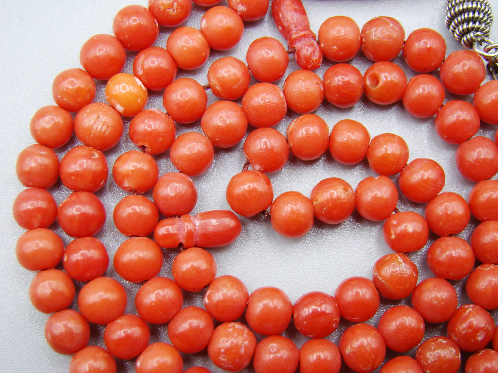 antique coral, natural coral, undyed coral, dark red coral, blood red coral, Italian coral, pacific coral, Sardinian Coral, Coral beads, Coral Rosary beads, coral chain, coral necklace, Rosary beads, coral Rosary, sea coral, aka coral, مسبحة, Sterling Silver Tassel