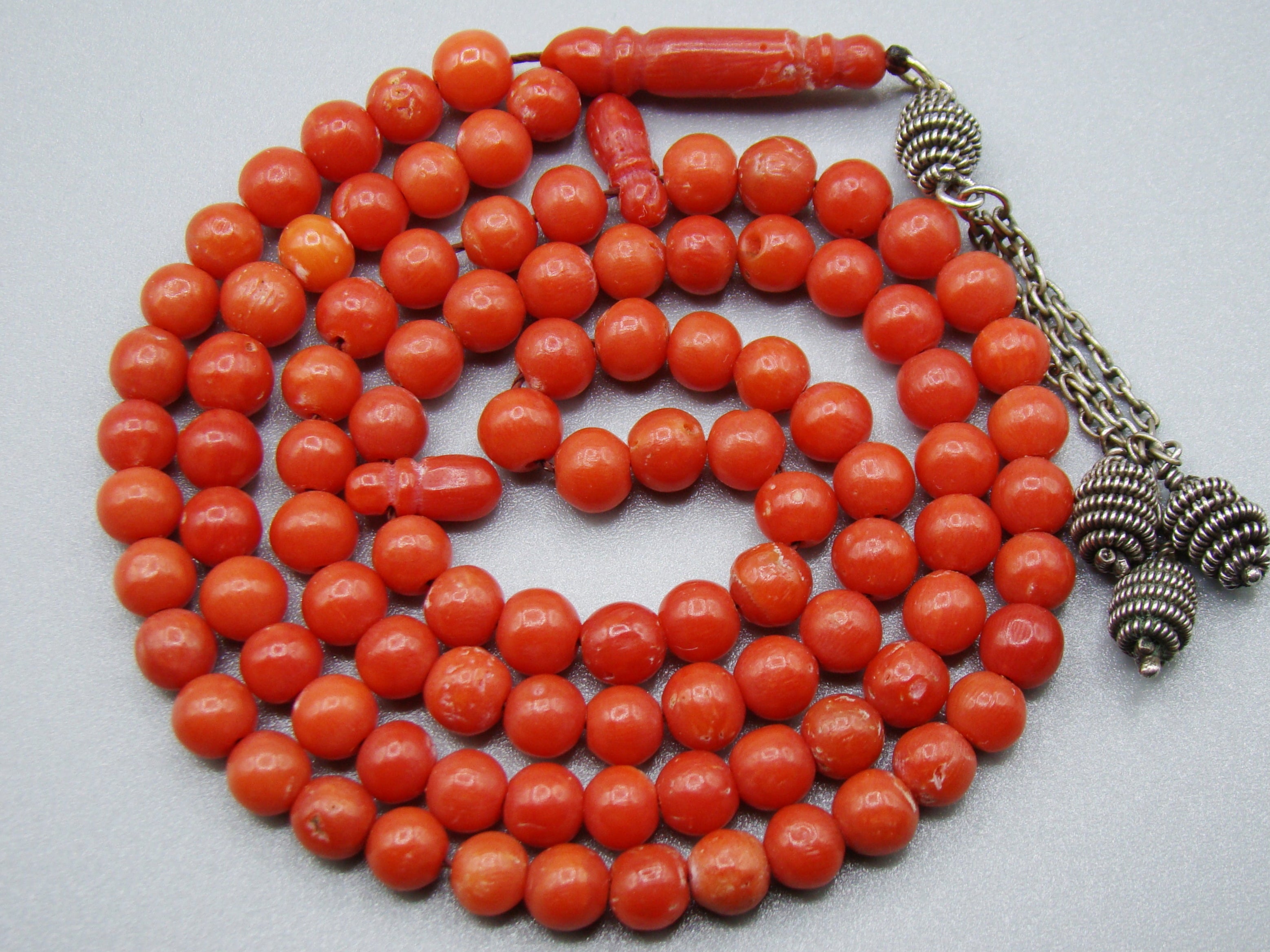 antique coral, natural coral, undyed coral, dark red coral, blood red coral, Italian coral, pacific coral, Sardinian Coral, Coral beads, Coral Rosary beads, coral chain, coral necklace, Rosary beads, coral Rosary, sea coral, aka coral, مسبحة, Sterling Silver Tassel