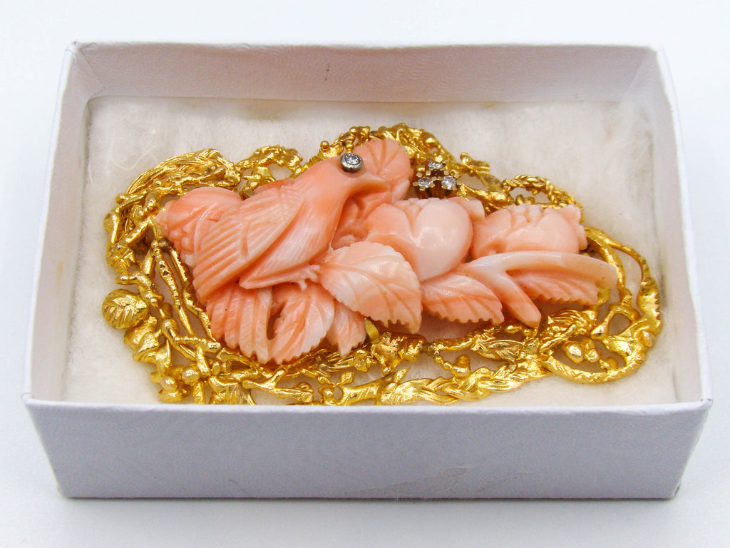 antique coral, natural coral, undyed coral, salmon coral, Italian coral, pacific coral, Sardinian Coral, sea coral, Mediterranean coral, Mediterranean brooch, Mediterranean salmon, handcarved coral, coral brooch, 21 karat gold, Diamond, salmon brooch