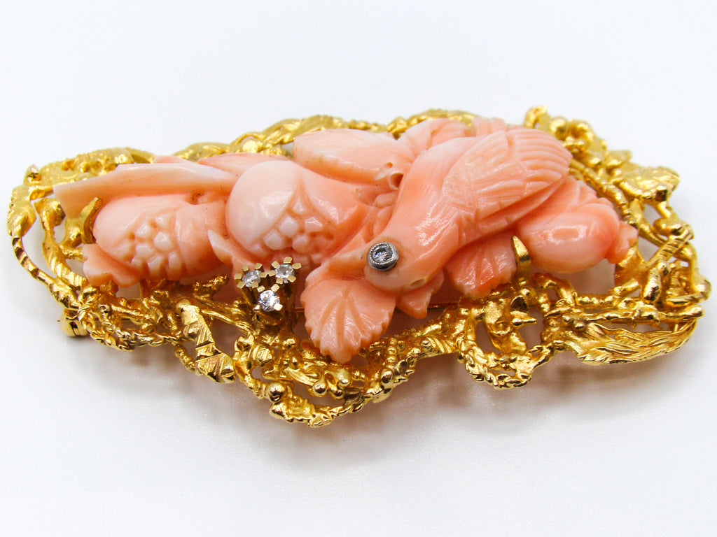 antique coral, natural coral, undyed coral, salmon coral, Italian coral, pacific coral, Sardinian Coral, sea coral, Mediterranean coral, Mediterranean brooch, Mediterranean salmon, handcarved coral, coral brooch, 21 karat gold, Diamond, salmon brooch