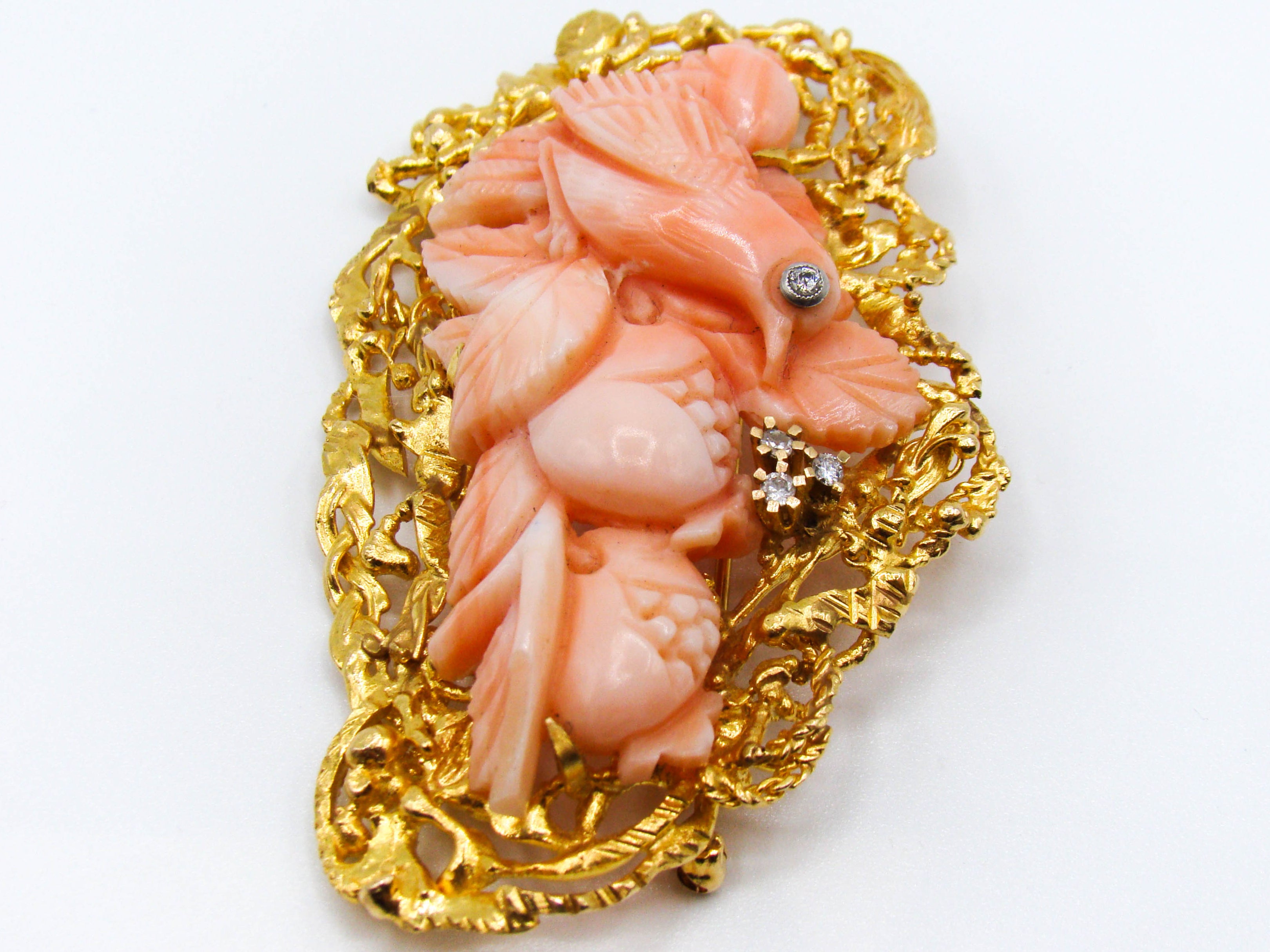 antique coral, natural coral, undyed coral, salmon coral, Italian coral, pacific coral, Sardinian Coral, sea coral, Mediterranean coral, Mediterranean brooch, Mediterranean salmon, handcarved coral, coral brooch, 21 karat gold, Diamond, salmon brooch
