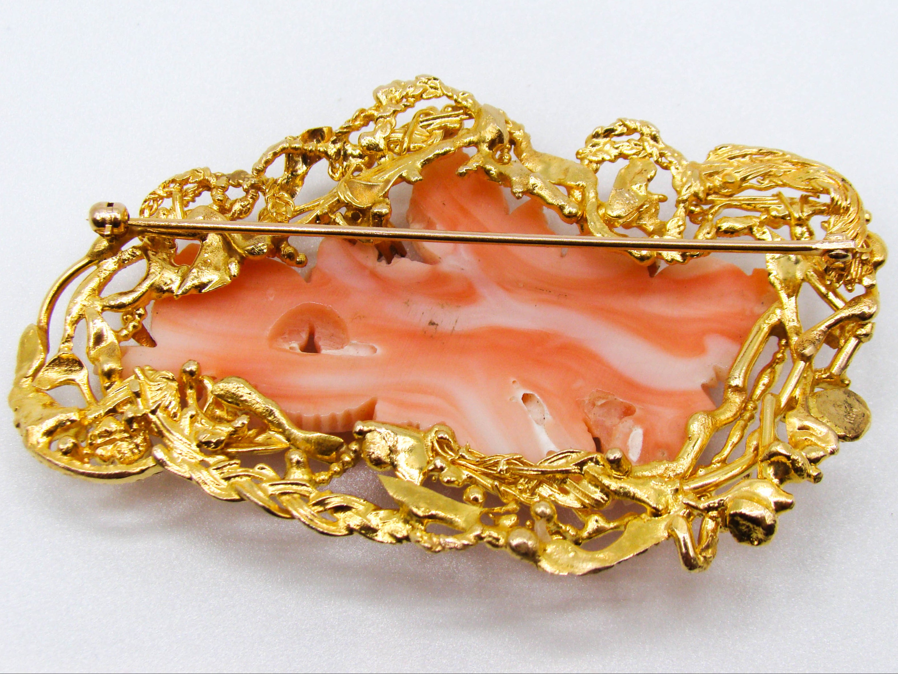 antique coral, natural coral, undyed coral, salmon coral, Italian coral, pacific coral, Sardinian Coral, sea coral, Mediterranean coral, Mediterranean brooch, Mediterranean salmon, handcarved coral, coral brooch, 21 karat gold, Diamond, salmon brooch