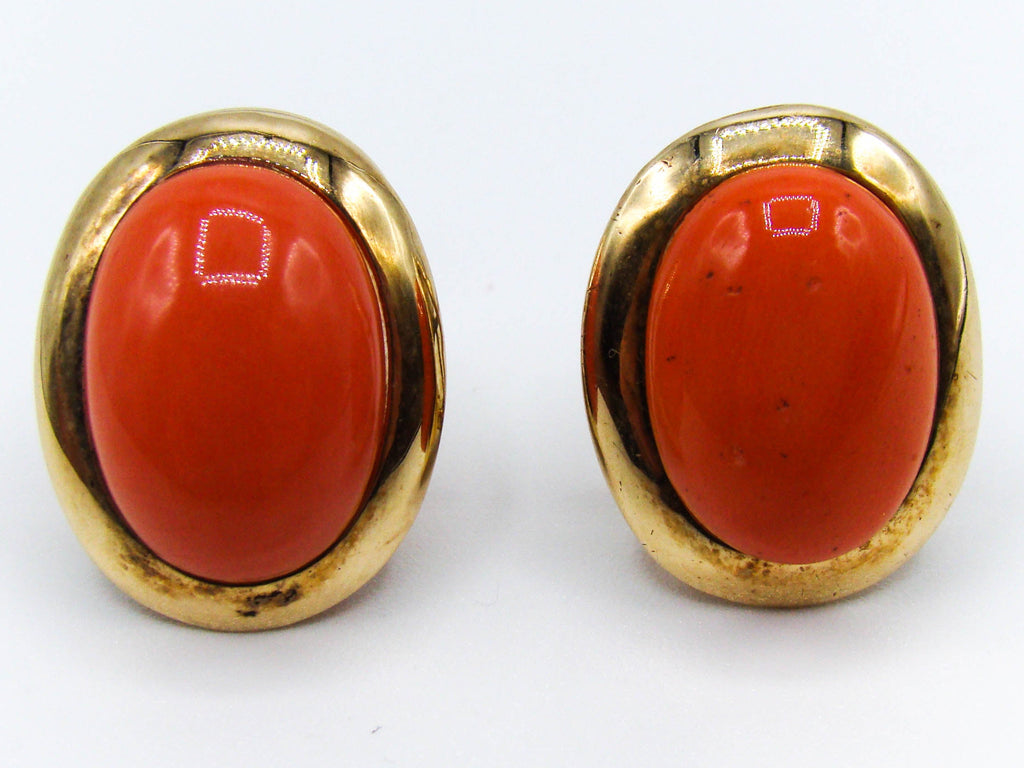 antique coral, natural coral, undyed coral, dark orange coral, Italian coral, pacific coral, Sardinian Coral, sea coral, Mediterranean coral, Mediterranean earrings, coral earrings, handcarved coral, 14 karat gold