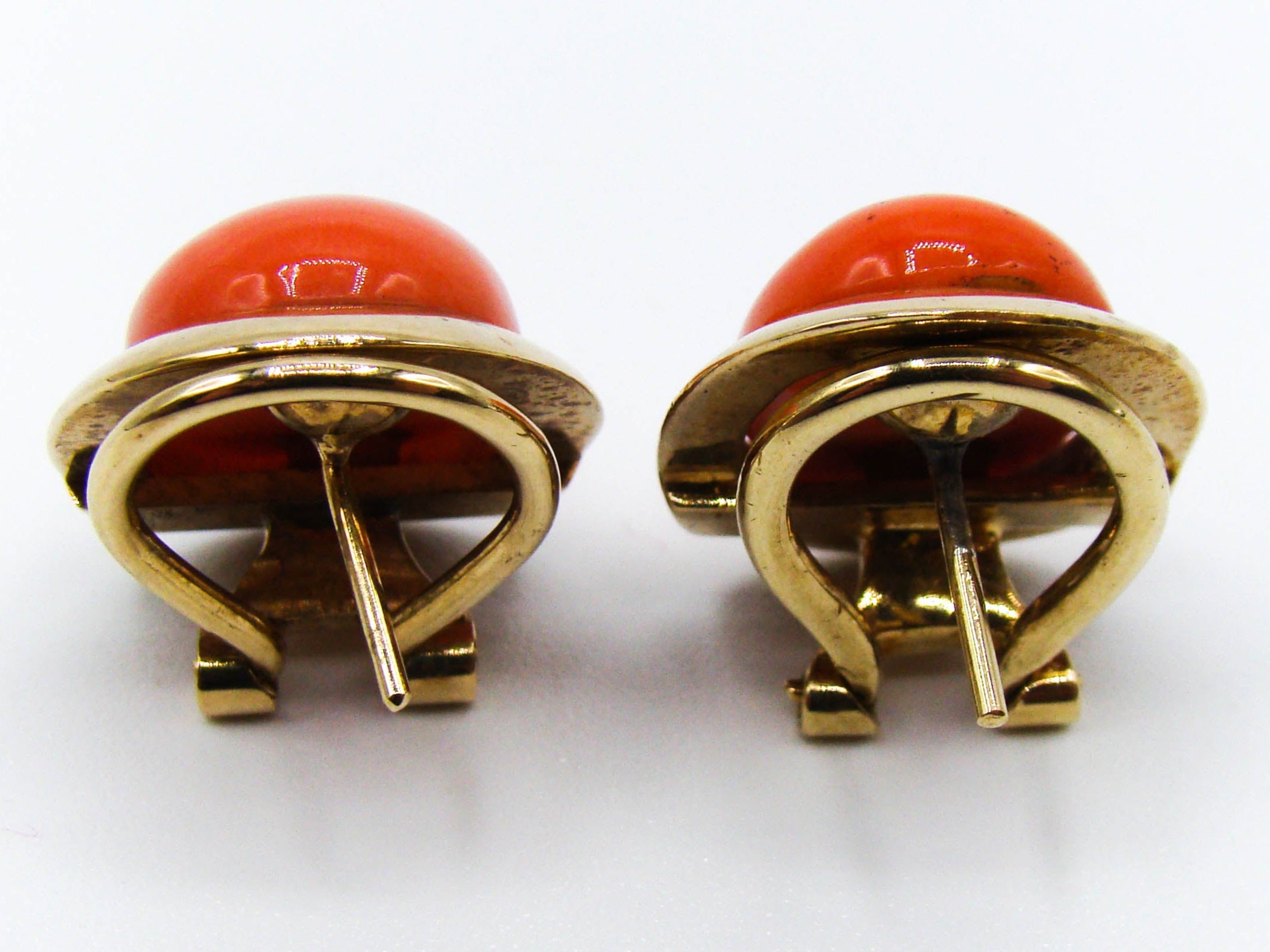 antique coral, natural coral, undyed coral, dark orange coral, Italian coral, pacific coral, Sardinian Coral, sea coral, Mediterranean coral, Mediterranean earrings, coral earrings, handcarved coral, 14 karat gold