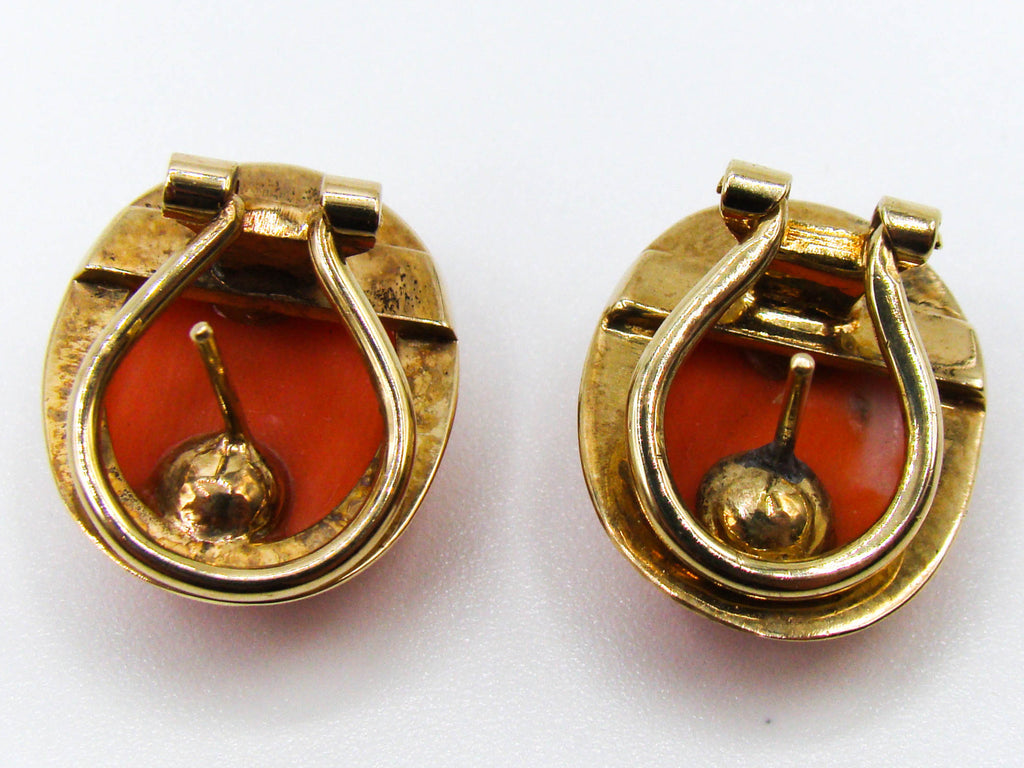 antique coral, natural coral, undyed coral, dark orange coral, Italian coral, pacific coral, Sardinian Coral, sea coral, Mediterranean coral, Mediterranean earrings, coral earrings, handcarved coral, 14 karat gold