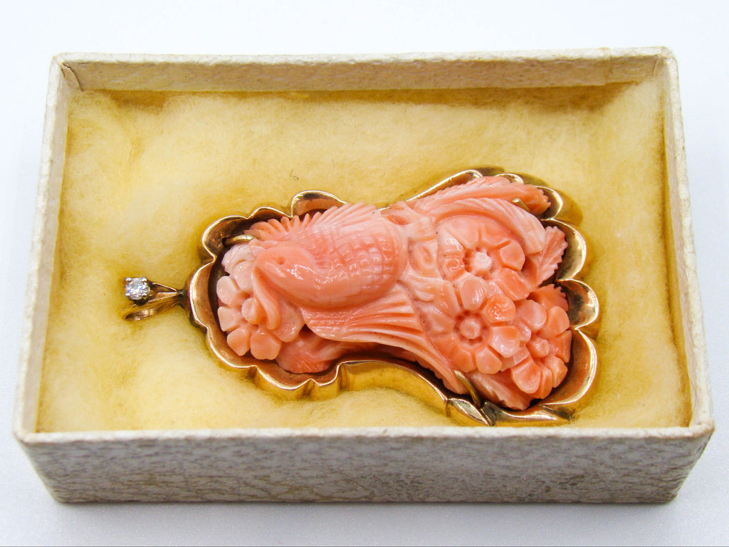 antique coral, natural coral, undyed coral, dark salmon coral, Italian coral, pacific coral, Sardinian Coral, sea coral, Mediterranean pendant, Mediterranean coral, coral pendant, handcarved coral, 14 karat gold, Diamond, salmon pendant
