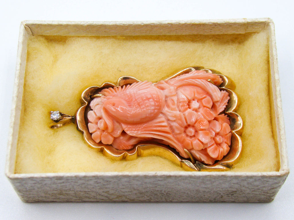 antique coral, natural coral, undyed coral, dark salmon coral, Italian coral, pacific coral, Sardinian Coral, sea coral, Mediterranean pendant, Mediterranean coral, coral pendant, handcarved coral, 14 karat gold, Diamond, salmon pendant