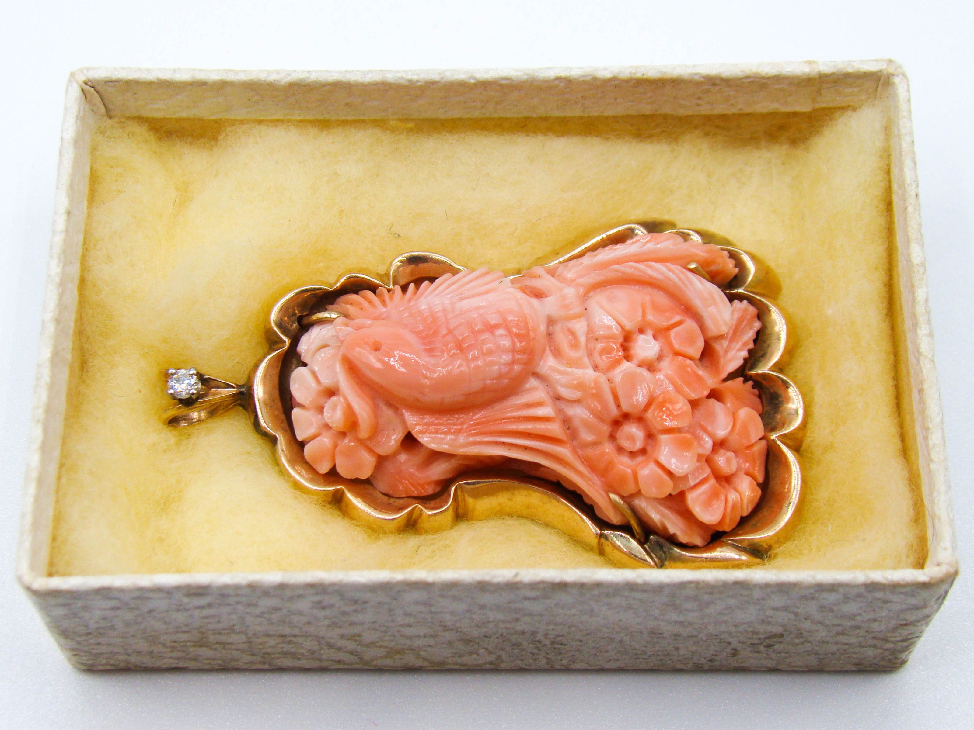 antique coral, natural coral, undyed coral, dark salmon coral, Italian coral, pacific coral, Sardinian Coral, sea coral, Mediterranean pendant, Mediterranean coral, coral pendant, handcarved coral, 14 karat gold, Diamond, salmon pendant
