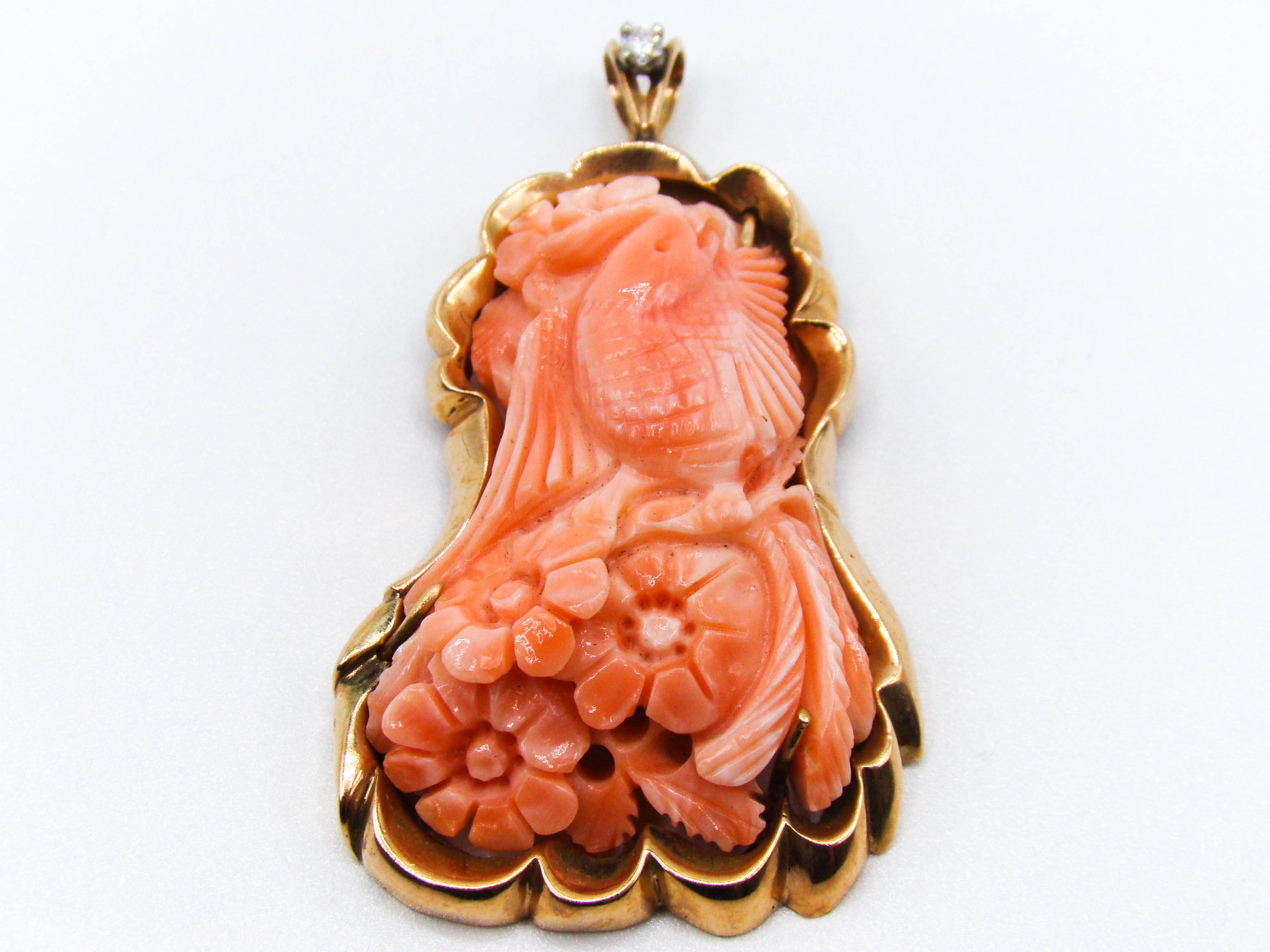 antique coral, natural coral, undyed coral, dark salmon coral, Italian coral, pacific coral, Sardinian Coral, sea coral, Mediterranean pendant, Mediterranean coral, coral pendant, handcarved coral, 14 karat gold, Diamond, salmon pendant