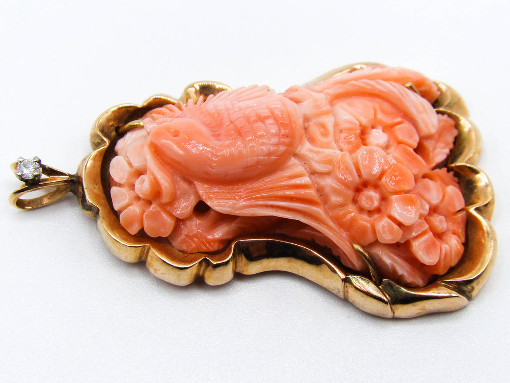 antique coral, natural coral, undyed coral, dark salmon coral, Italian coral, pacific coral, Sardinian Coral, sea coral, Mediterranean pendant, Mediterranean coral, coral pendant, handcarved coral, 14 karat gold, Diamond, salmon pendant