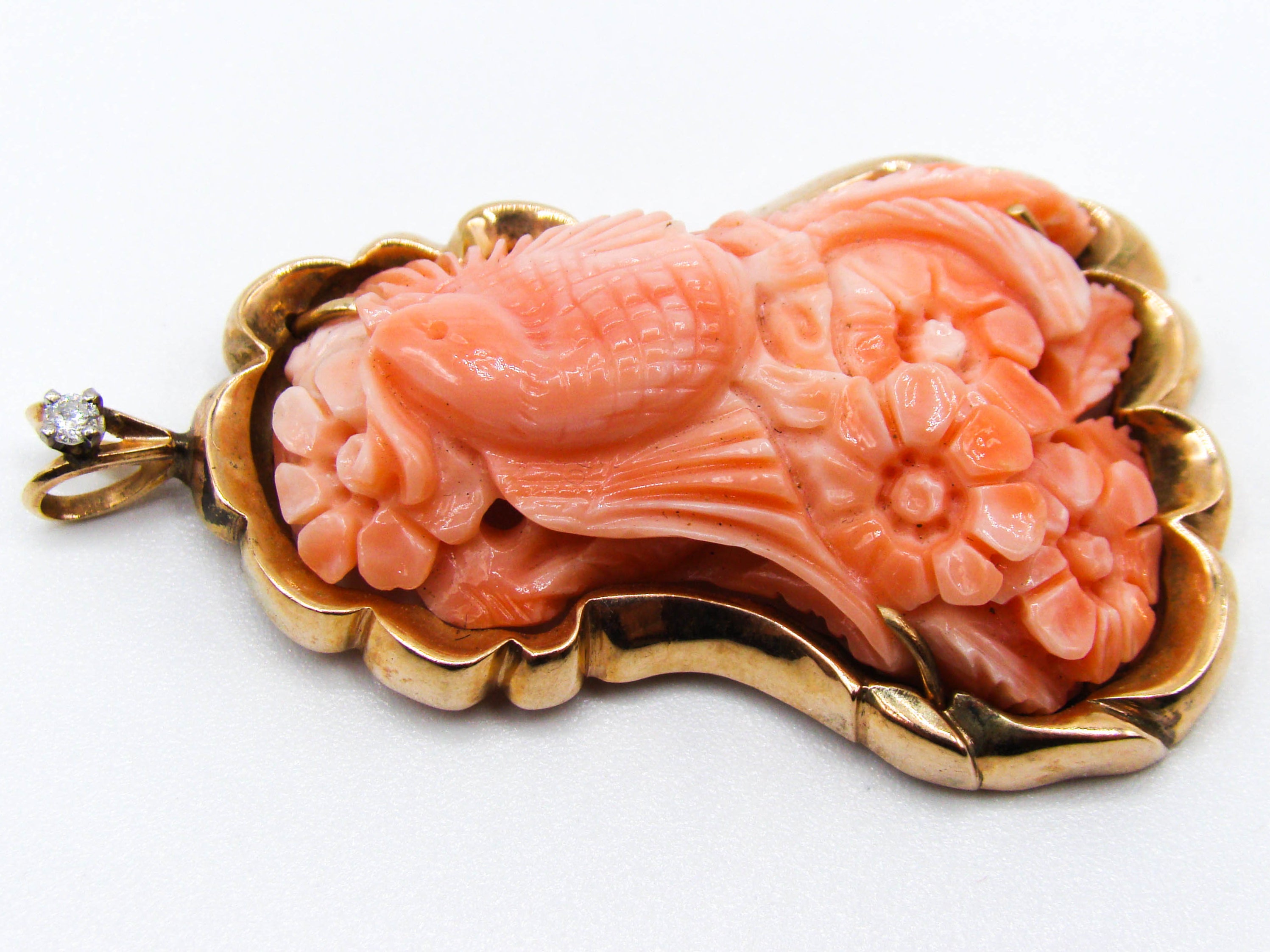 antique coral, natural coral, undyed coral, dark salmon coral, Italian coral, pacific coral, Sardinian Coral, sea coral, Mediterranean pendant, Mediterranean coral, coral pendant, handcarved coral, 14 karat gold, Diamond, salmon pendant