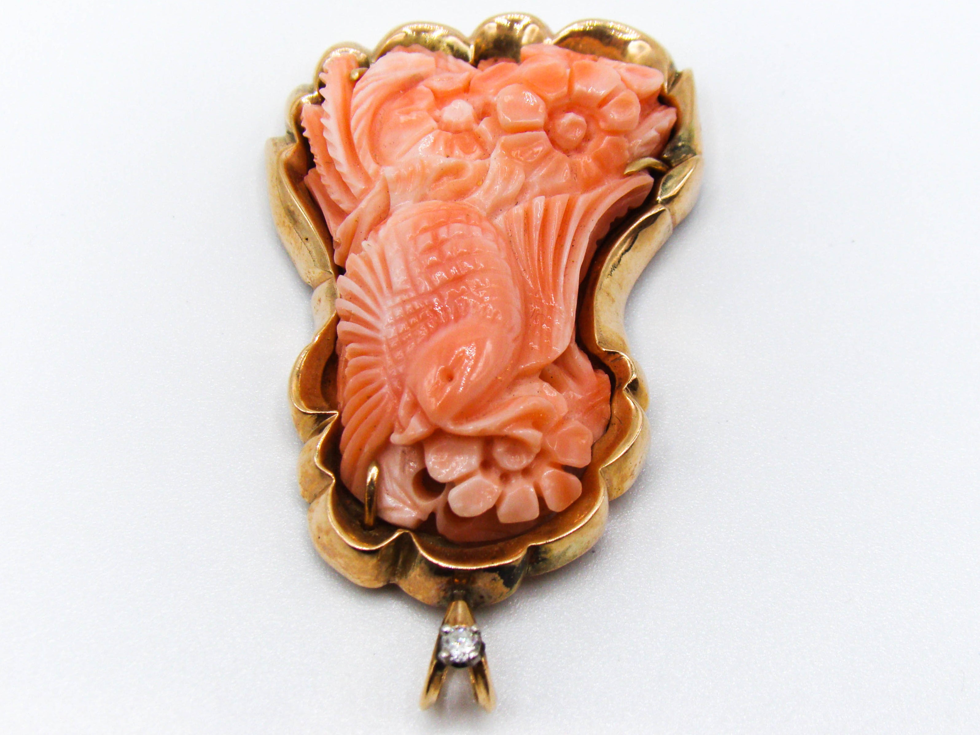 antique coral, natural coral, undyed coral, dark salmon coral, Italian coral, pacific coral, Sardinian Coral, sea coral, Mediterranean pendant, Mediterranean coral, coral pendant, handcarved coral, 14 karat gold, Diamond, salmon pendant