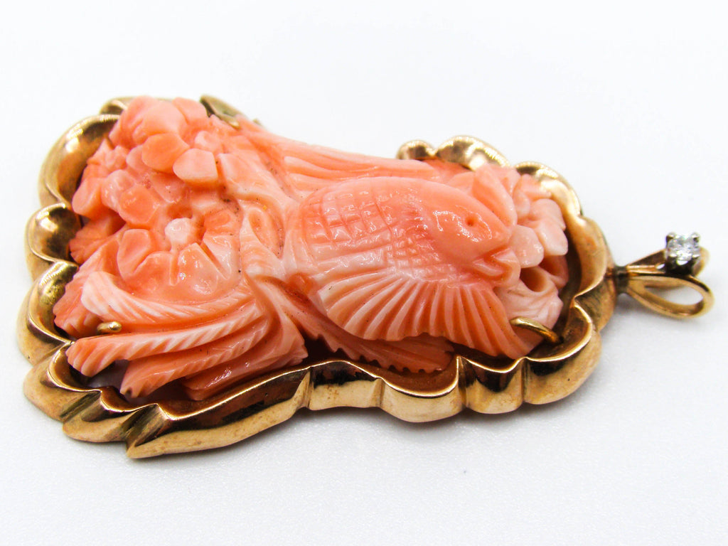 antique coral, natural coral, undyed coral, dark salmon coral, Italian coral, pacific coral, Sardinian Coral, sea coral, Mediterranean pendant, Mediterranean coral, coral pendant, handcarved coral, 14 karat gold, Diamond, salmon pendant