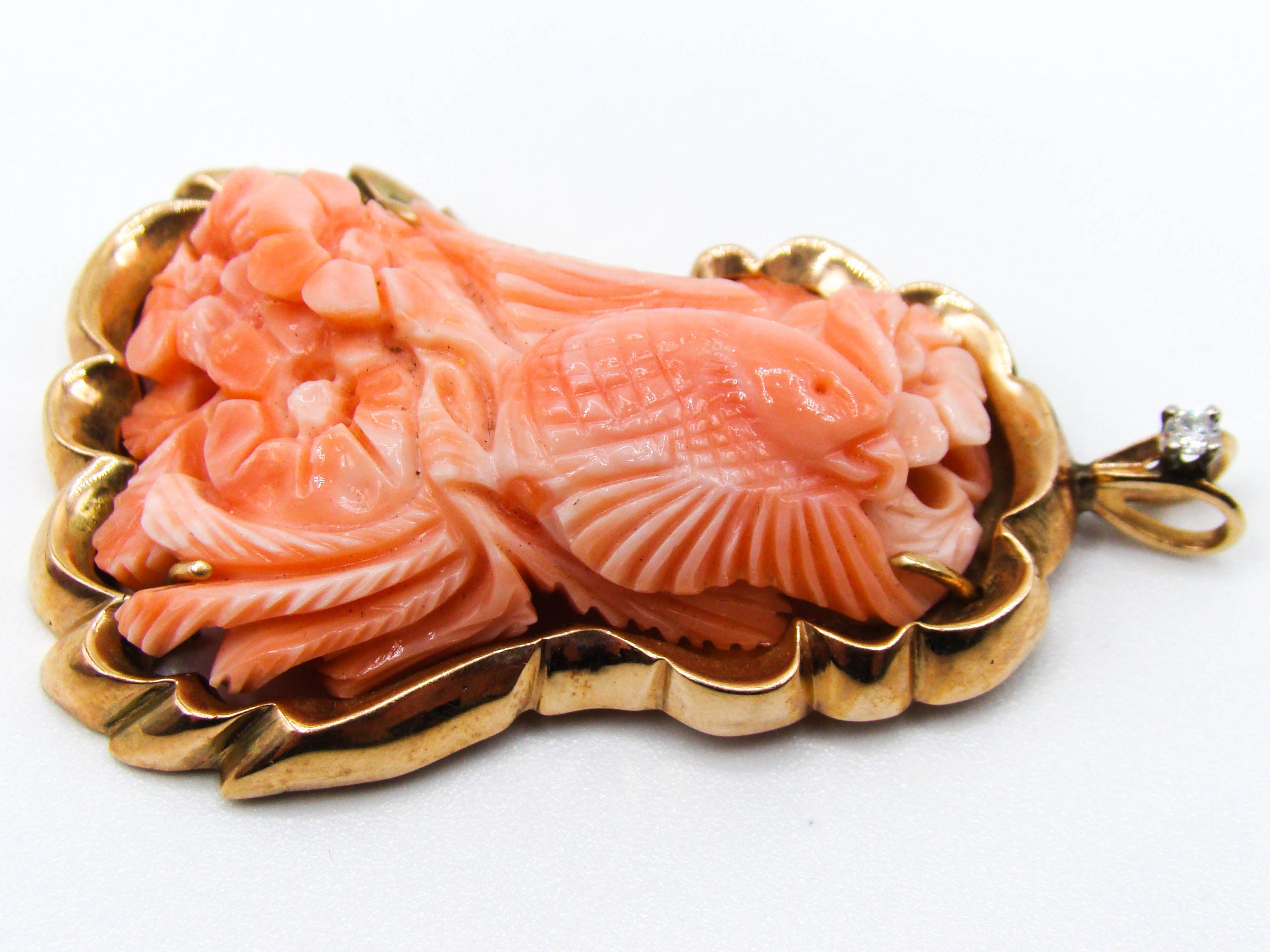 antique coral, natural coral, undyed coral, dark salmon coral, Italian coral, pacific coral, Sardinian Coral, sea coral, Mediterranean pendant, Mediterranean coral, coral pendant, handcarved coral, 14 karat gold, Diamond, salmon pendant