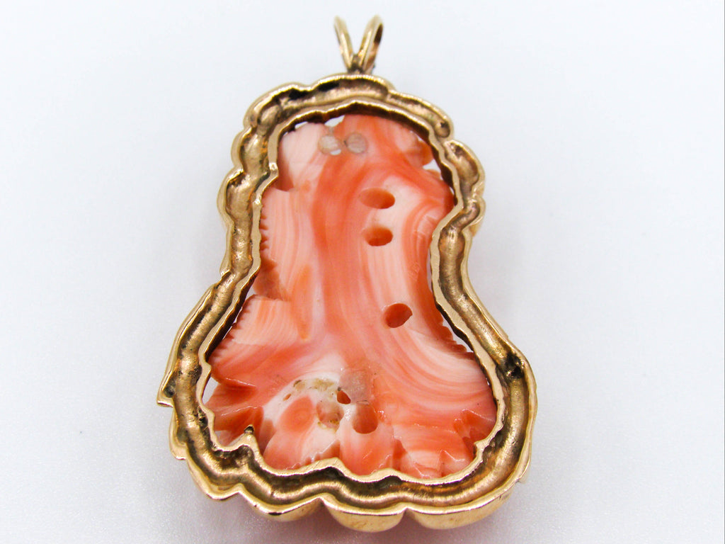 antique coral, natural coral, undyed coral, dark salmon coral, Italian coral, pacific coral, Sardinian Coral, sea coral, Mediterranean pendant, Mediterranean coral, coral pendant, handcarved coral, 14 karat gold, Diamond, salmon pendant