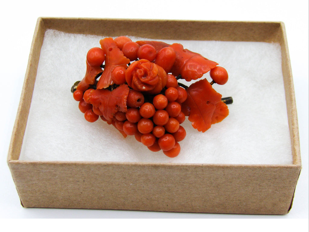 antique coral, natural coral, undyed coral, dark red coral, blood red coral, Italian coral, pacific coral, Sardinian Coral, red coral, sea coral, Mediterranean coral, Mediterranean brooch, coral brooch, handcarved