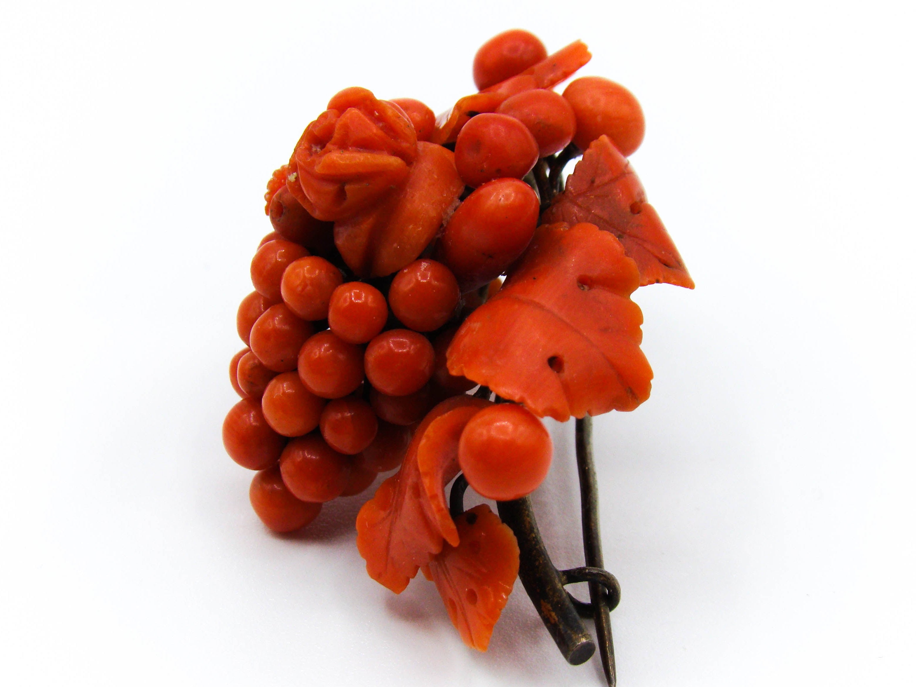 antique coral, natural coral, undyed coral, dark red coral, blood red coral, Italian coral, pacific coral, Sardinian Coral, red coral, sea coral, Mediterranean coral, Mediterranean brooch, coral brooch, handcarved