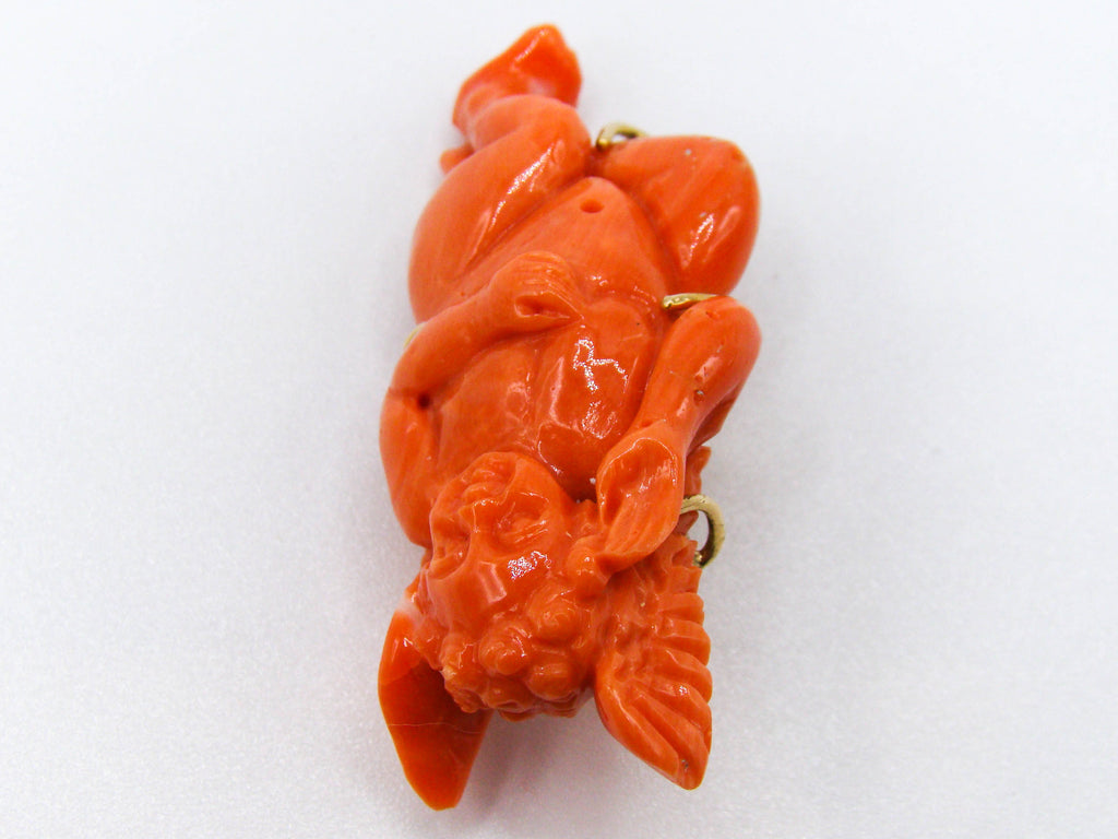 antique coral, natural coral, undyed coral, dark orange coral, Italian coral, pacific coral, Sardinian Coral, sea coral, Mediterranean coral, Mediterranean orange, handcarved coral, orange coral, 21 karat gold, coral brooch