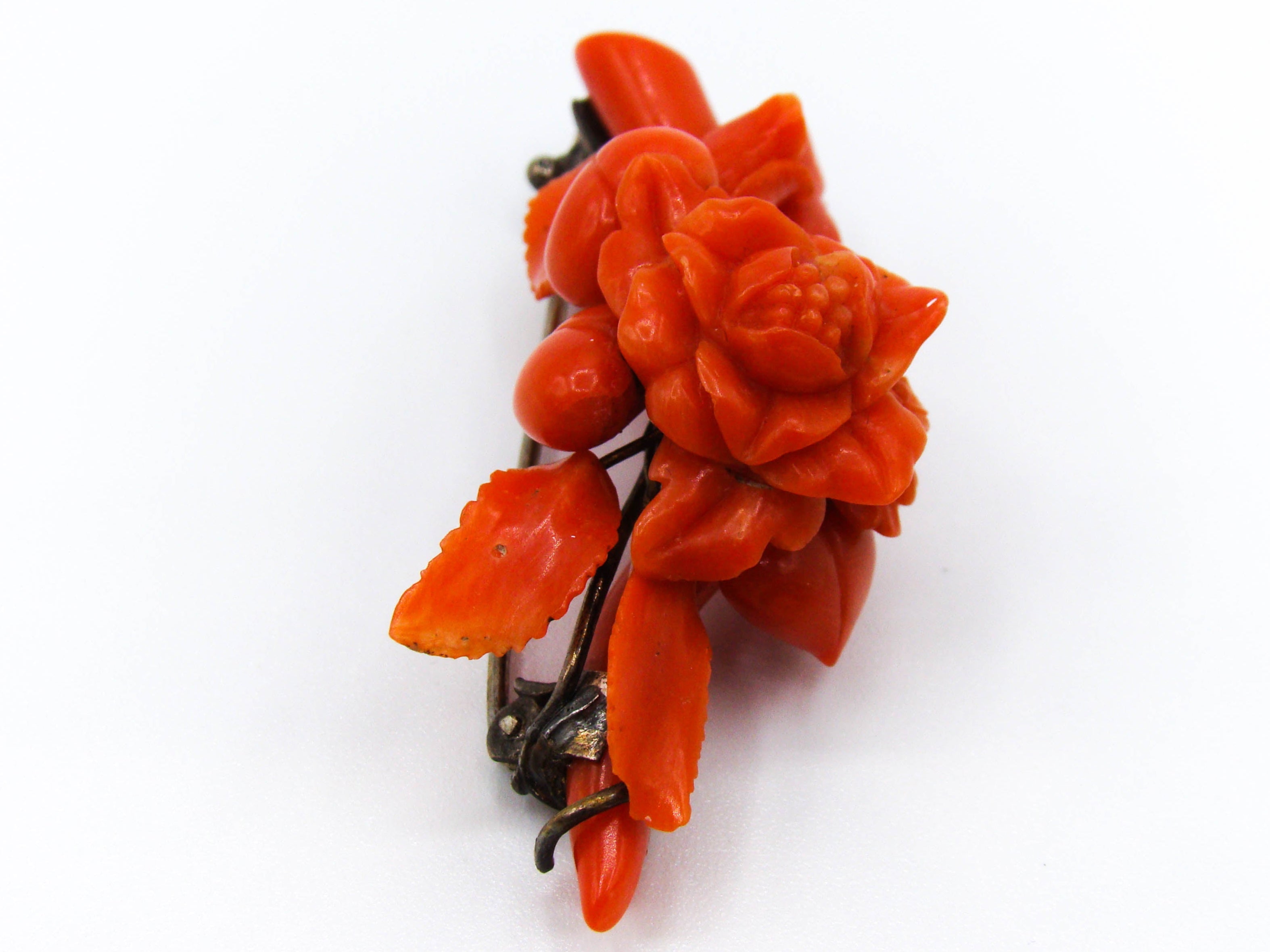 antique coral, natural coral, undyed coral, dark red coral, blood red coral, Italian coral, pacific coral, Sardinian Coral, red coral, sea coral, Mediterranean coral, Mediterranean brooch, coral brooch, handcarved, aka red, sterling silver